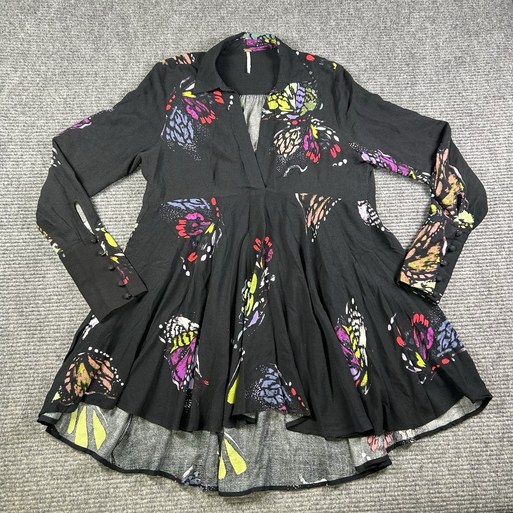 Free People Field of Butterflies Print Black High-Low Tunic Top Womens Small